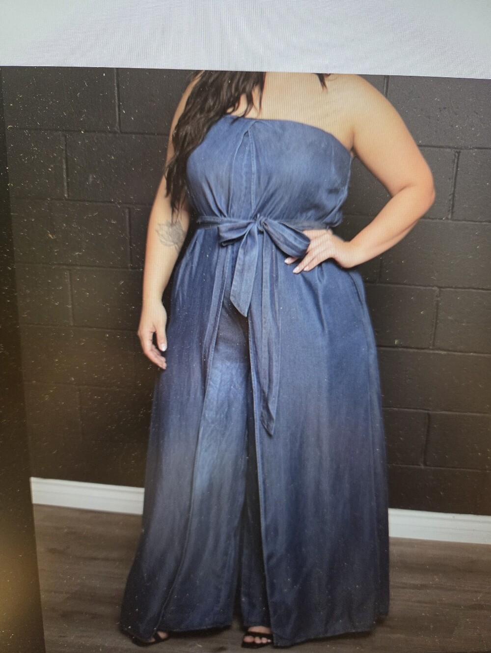 Strapless Wide Leg Denim Jumpsuit With Skirt Overlay